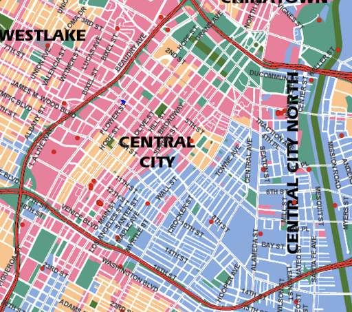 A zoning map of Downtown LA, most of which is zoned commercial (pink) and light industrial (blue)